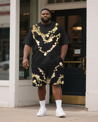 Big & Tall Men's Black Round Geometric Chain Print Round Neck Short Sleeve T-Shirt Shorts Suit
