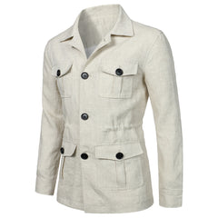 M-5XL Men's Casual Linen Jacket With Laps And Multi-Pockets