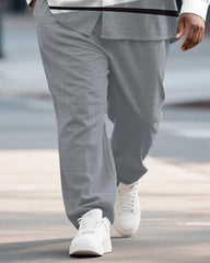Big & Tall Men's Business Grey Colorblock Geometric Print Bamboo Hemp Texture Long Sleeve Shirt Trousers Suit