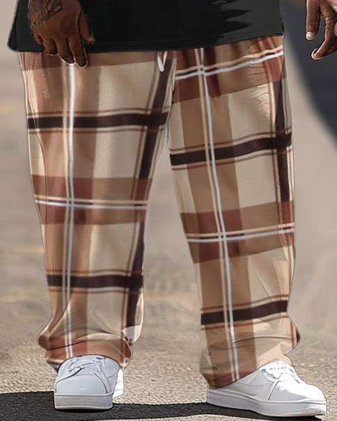 Men's Large-size Street Color-blocked Retro Plaid Hip-hop Casual Two-piece Set