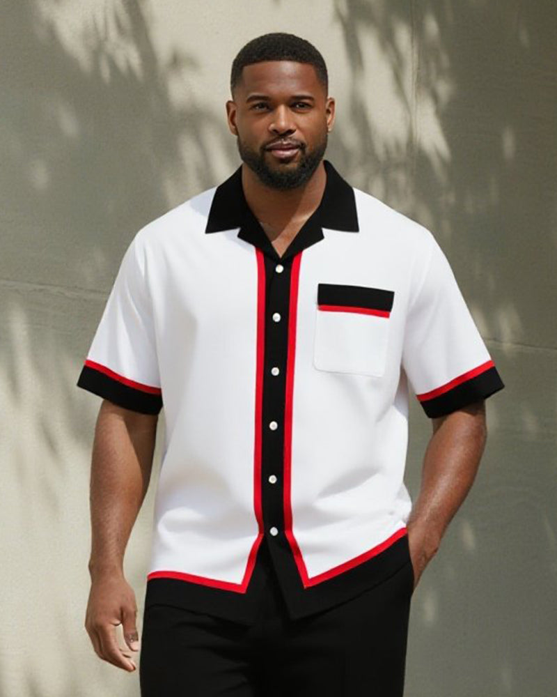 Big & Tall Men's Business Black Red Stripe Print Pocket Short Sleeve Shirt Pants Suit