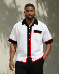 Big & Tall Men's Business Black Red Stripe Print Pocket Short Sleeve Shirt Pants Suit