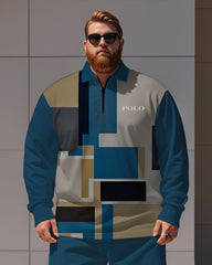 Men's Simple Blue And Black Light Khaki Stripe Alphabet Print Polo Shirt Zipper Trousers Suit