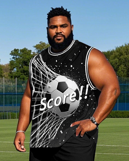 Big Men's Fashion Score! Football In The Net Printed Round Neck Casual Vest and Shorts Set