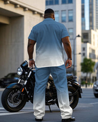 Men's Plus Size Fashion Fog Blue & White Gradient Short Sleeve Shirt Pants Suit