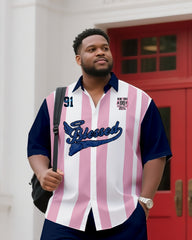 Big & Tall Men's Daily Leisure. Original Design College Style Stripe Stitching Collision Color-blessing. Printed Short Sleeve Shirt Shorts Suit