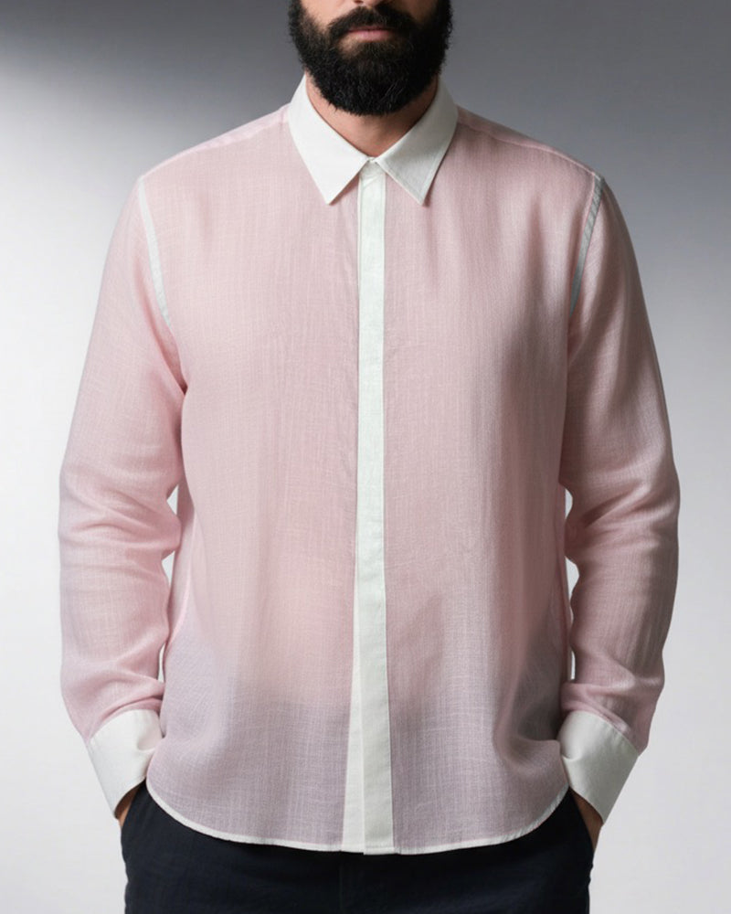 Big & Tall Men's Pink-autumn And Winter Commuter Color Matching Cotton And Linen Fabric Long Sleeve Shirt