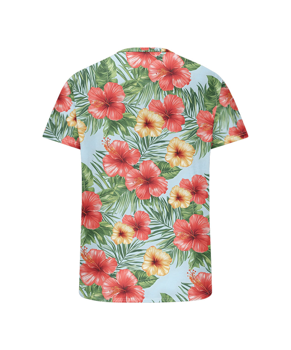 Men's Plus Size Hawaiian Blue Floral Print Henry Collar Button Short Sleeve Tee
