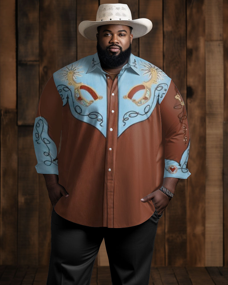 Men's Large Size Western Denim Retro Graphic Lapel Long Sleeve Shirt