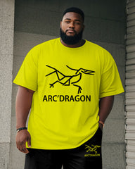 Big & Tall Men's Fluorescent Yellow Line Curved Dragon Printed Round Neck Short Sleeve T-shirt Shorts Suit