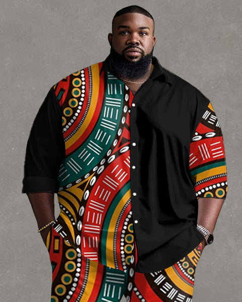 Men's Plus Size Tribal Totem Print Patchwork Long Sleeve Shirt Trousers Suit
