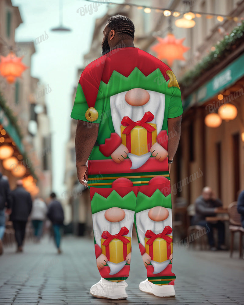 Men's Plus Size Holding Gift Santa Claus Printed T-Shirt Trousers Suit