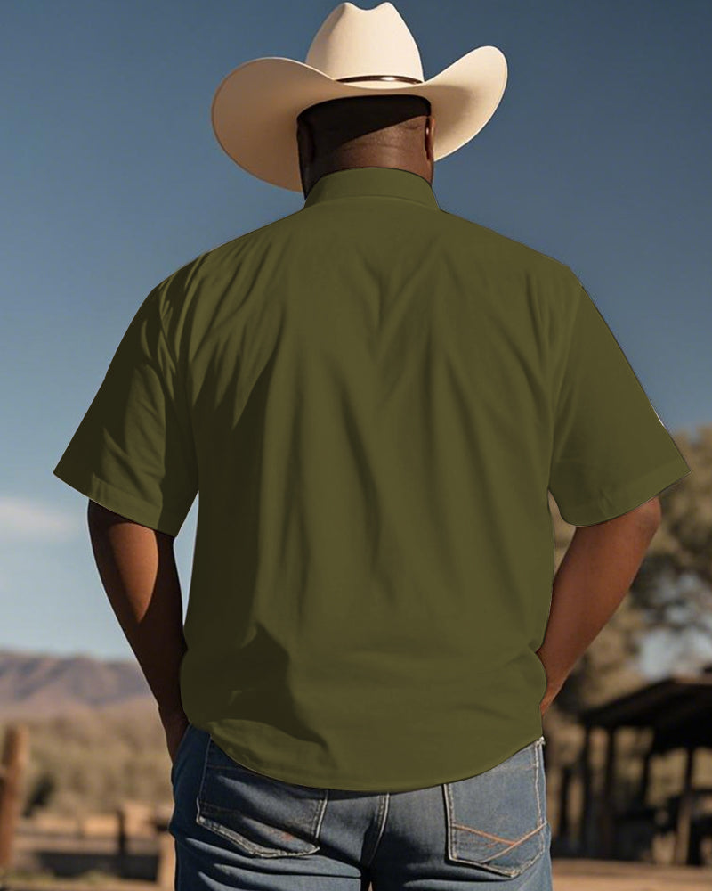 Men's Plus Size Western Style Green Patchwork Cactus Print Short Sleeve Shirt