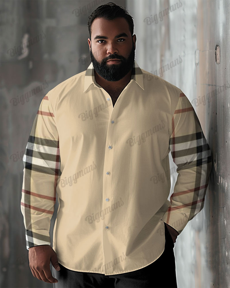 Big and Tall Men's Casual Simple Colorblock Plaid Print Lapel Long Sleeve Shirt