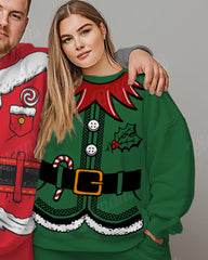 Couple Big and Tall Christmas Santa Elfie Cosplay Sweatshirt 2-Piece Set