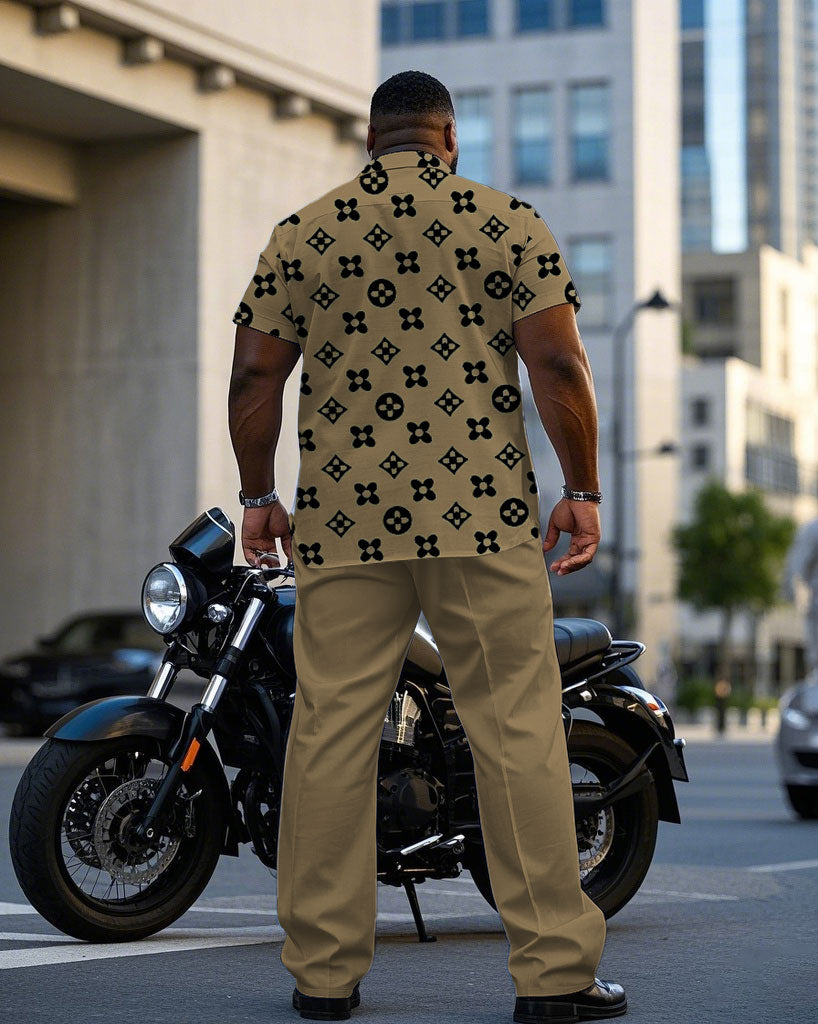 Men's Plus Size Khaki Big Brand Pattern Printed Short-sleeved Shirt Trousers Suit