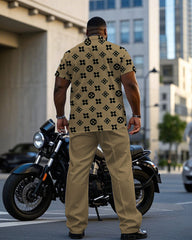 Men's Plus Size Khaki Big Brand Pattern Printed Short-sleeved Shirt Trousers Suit