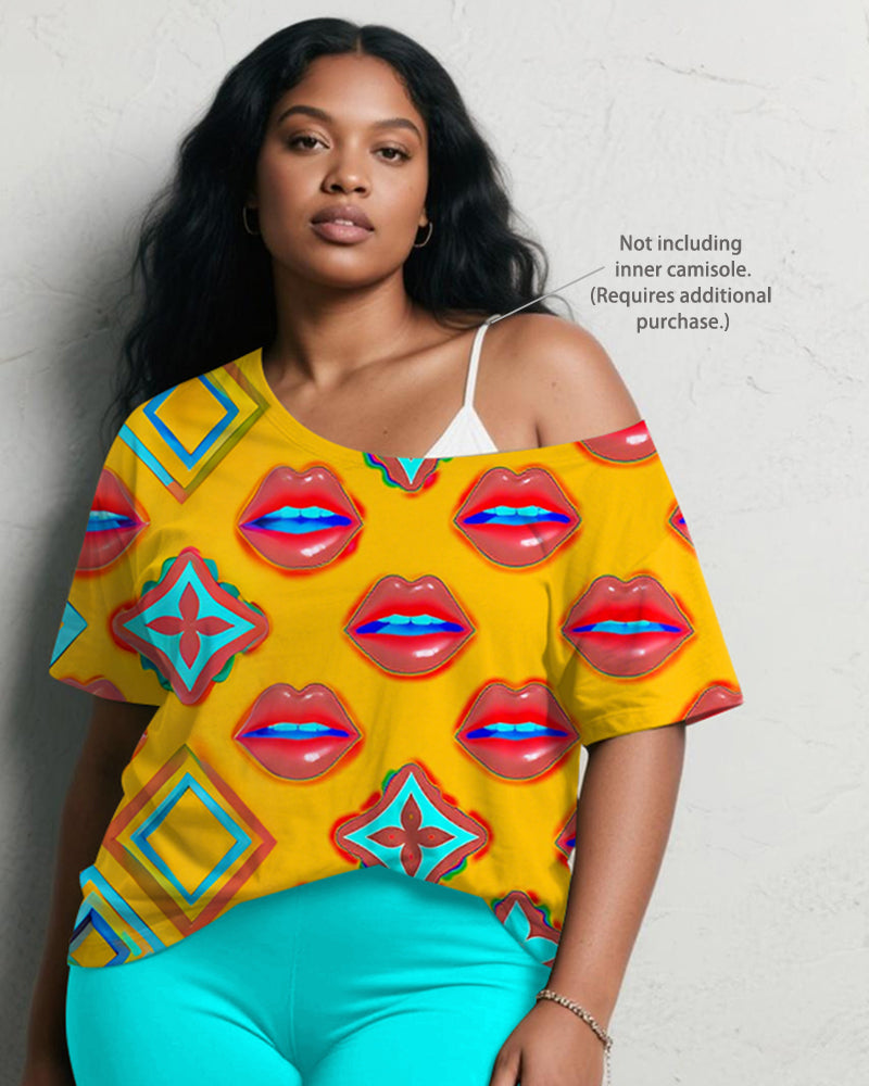 Women's Plus Size Daily Casual Graffiti Lips Geometric Print Short Sleeve Shorts Suit