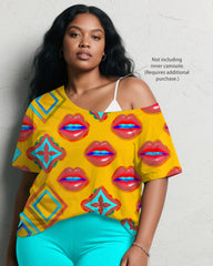 Women's Plus Size Daily Casual Graffiti Lips Geometric Print Short Sleeve Shorts Suit