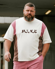 Big & Tall Men's Pink Geometric Pink Alphabet Print Round Neck Short Sleeve T-Shirt Shorts Suit