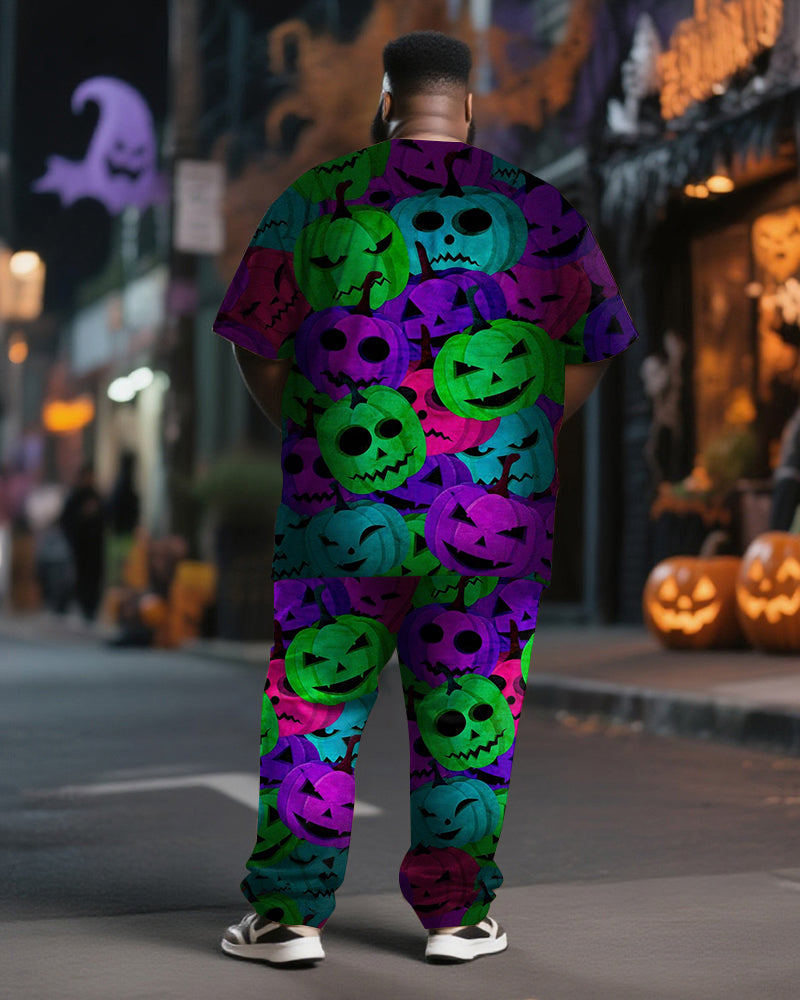 Big & Tall Men's Halloween Colorful Pumpkin Lantern Printed T-Shirt Pants Suit