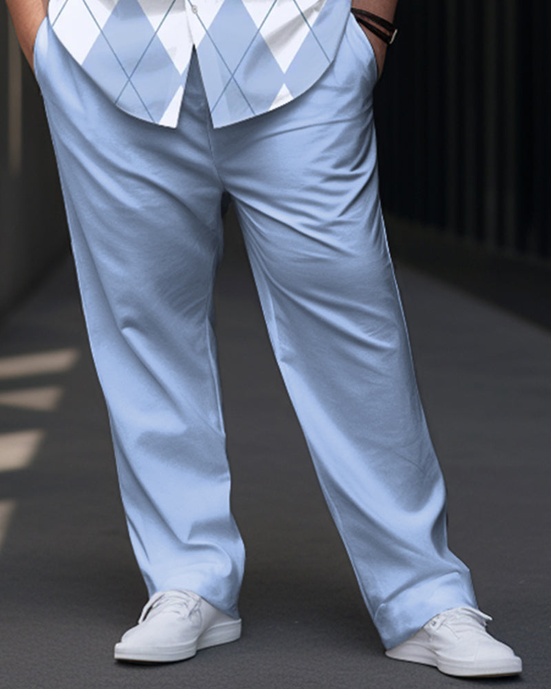 Men's Big and Tall Business Simple Classic Diamond Check Short Sleeve Shirt Trousers Set