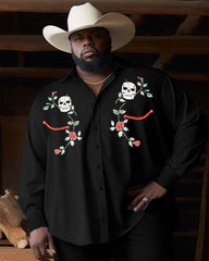 Men's Plus Size Western Denim Style Skull Floral Long Sleeve Trousers Two-Piece Set
