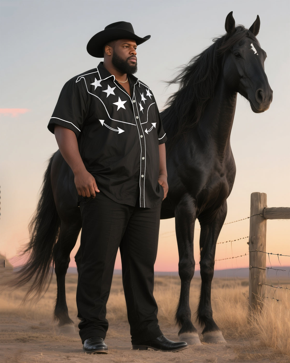 Big & Tall Men's Daily Casual Western Style Shirt-Black Short Sleeve Shirt Pants Suit