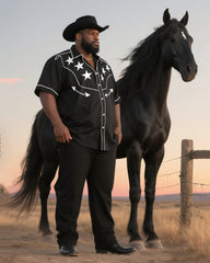 Big & Tall Men's Daily Casual Western Style Shirt-Black Short Sleeve Shirt Pants Suit
