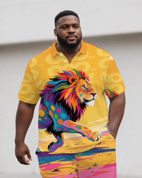 Big Men's Casual Outdoor Oil Painted Lion Cartoon Printed Short-Sleeve Polo Shirt & Shorts Set
