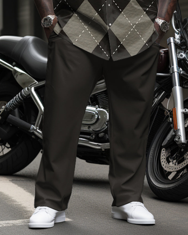 Men's Plus Size Classic Diamond Pattern Long Sleeve Lapel Shirt 2 Piece Set