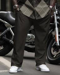 Men's Plus Size Classic Diamond Pattern Long Sleeve Lapel Shirt 2 Piece Set