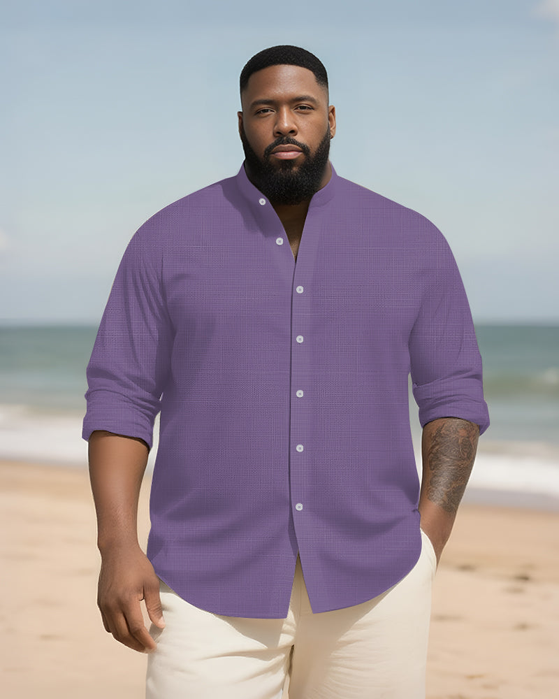 Big & Tall Men's Daily Solid Color Bamboo Hemp Texture Stand Collar Long Sleeve Shirt