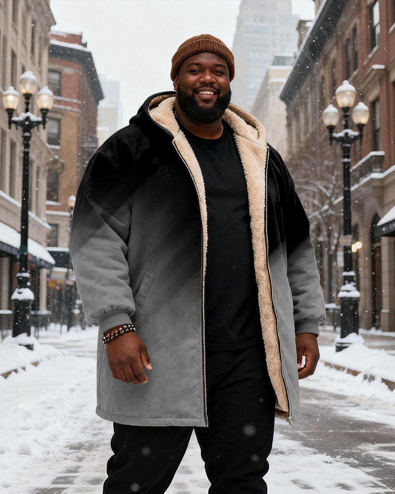 Big & Tall Men's Black And Red Gradient Printed Velvet Padded Long Hooded Coat