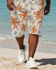 Men's Plus Size Hawaiian Hand Painted Orange Grey Coconut Tree Print Shirt Shorts Suit