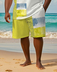 Big & Tall Men's Hawaiian Teal Striped Alphabet Print Round Neck Short Sleeve T-Shirt Shorts Suit