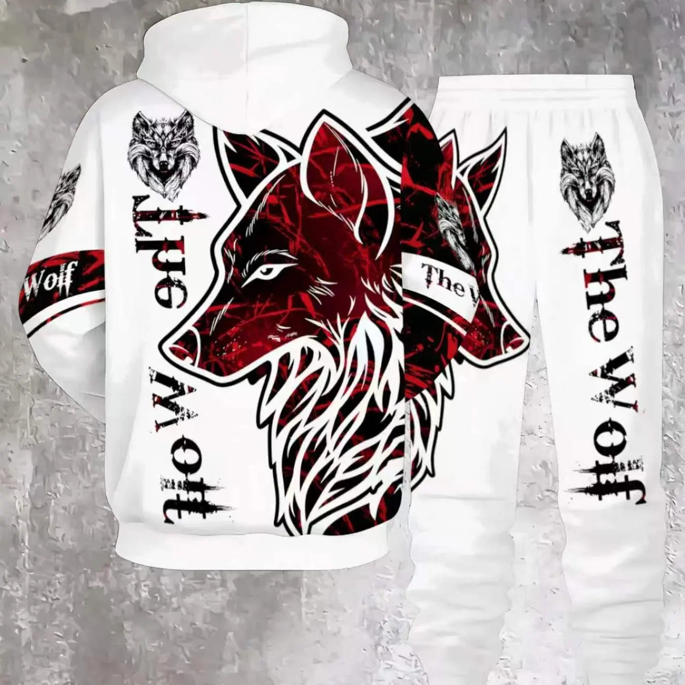 Men's 3D Wolf-Print Hoodie and Sweatpants Two-Piece Set