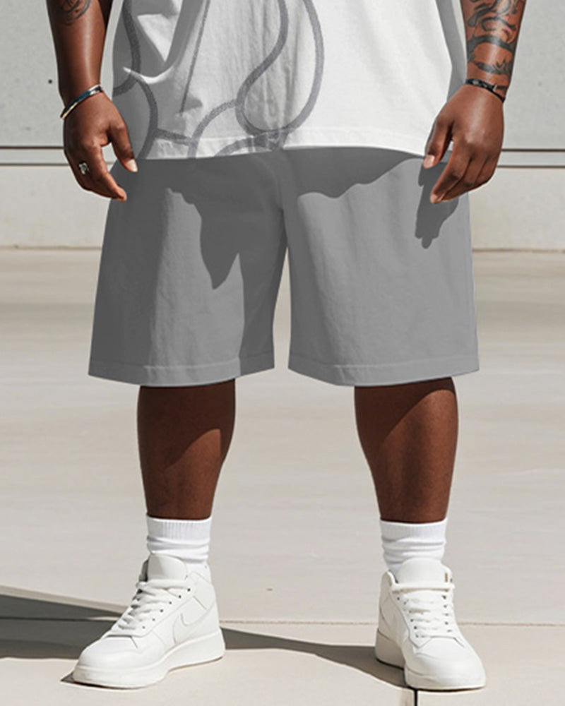 Men's Plus Size Light Gray Line Bear Print Short Sleeve T-shirt Shorts Suit