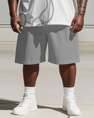 Men's Plus Size Light Gray Line Bear Print Short Sleeve T-shirt Shorts Suit