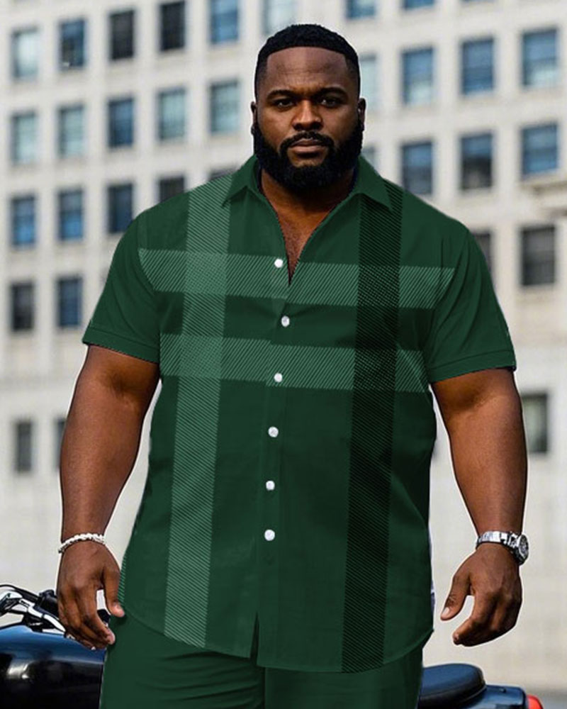 Men's Plus Size Gentleman Style Green Large Plaid Short Sleeve Shirt Pants Suit