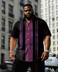 Men's Plus Size Black & Purple Colorblock Line Gradient Design Short Sleeve Shirt Pants Suit