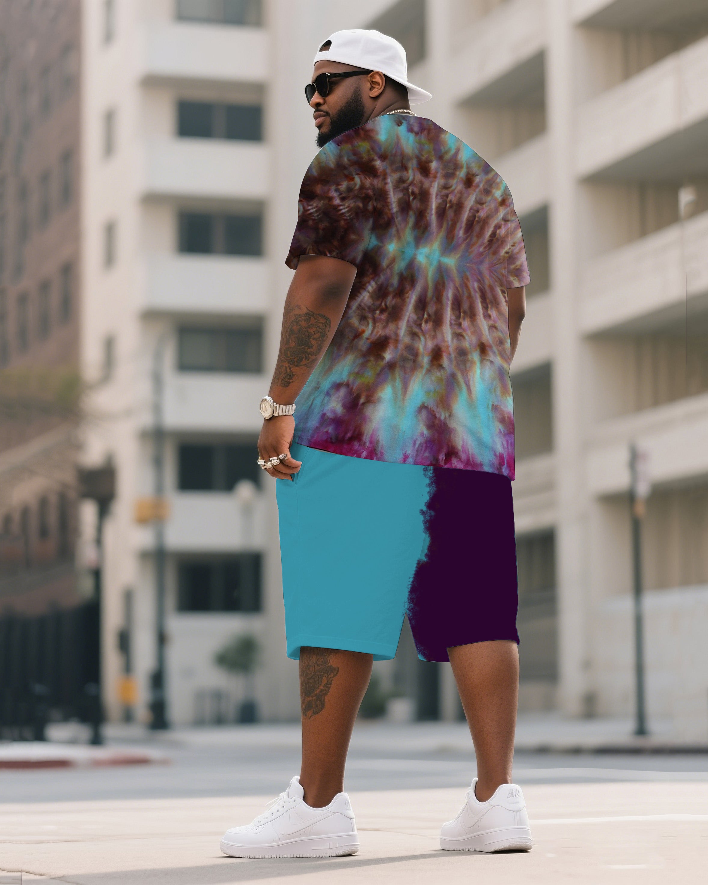 Men's Plus Size Rich Razzin Rolled Ice Dye Tie-Dye Crewneck T-Shirt Shorts Suit