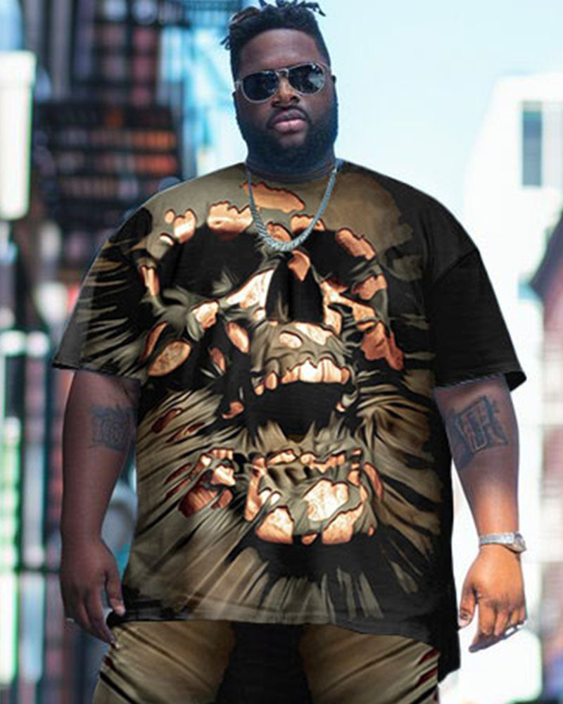 Men's Plus Size Street Fashion Abstract Skull Print T-Shirt Shorts Suit
