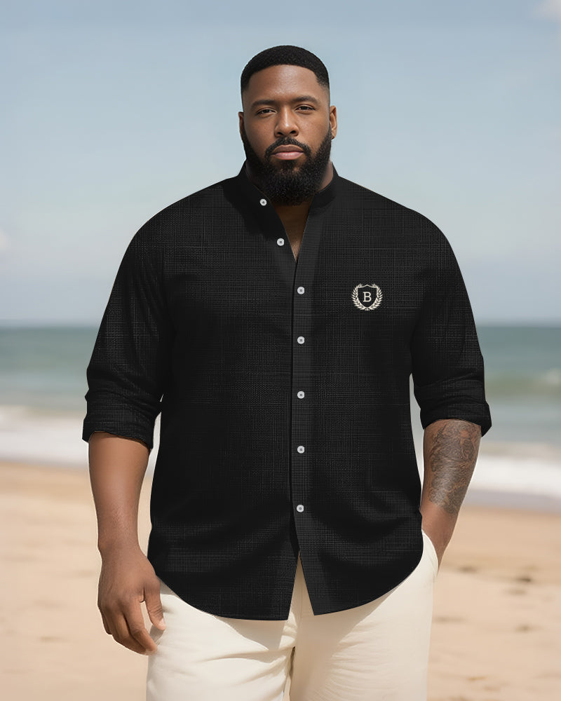 Big & Tall Men's Everyday College Style B Letter Icon Bamboo Hemp Texture Stand-up Collar Long Sleeve Shirt