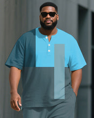 Men's Plus Size Blue Colorblock Printed Henry Collar T-Shirt Trousers Suit