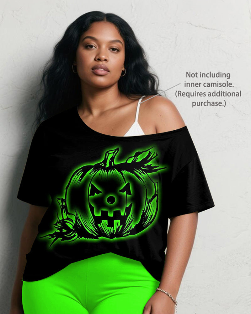 Women's Big & Tall Halloween Green Pumpkin Graffiti Print Short Sleeve Shorts Suit