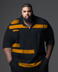 Men's Plus Size Gentleman Colorblock Zipper Polo Shirt and Pants Set