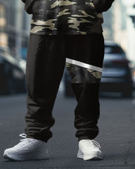 Men's Street Fashion Black Patchwork Camouflage Print Big & Tall Hoodie Set