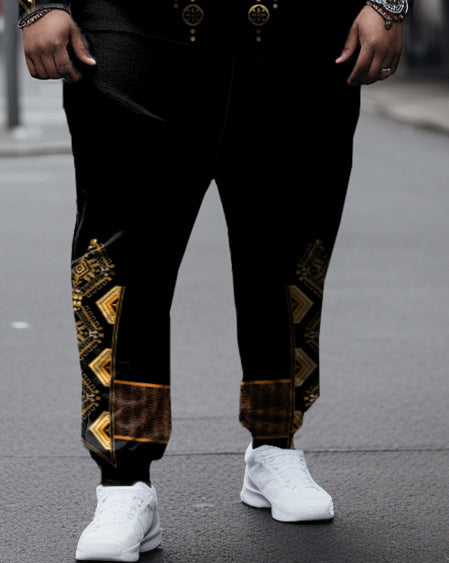 Men's Large Size Retro Gold Totem Print Long Sleeve Hoodie and Sweatpants Set