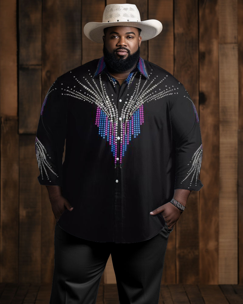 Men's Big & Tall Western Denim Retro Sequin Graphic Lapel Long Sleeve Shirt